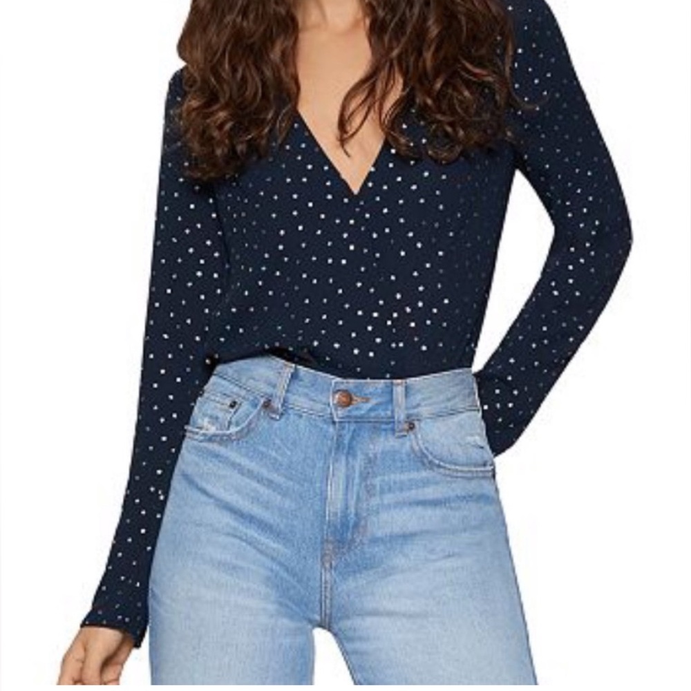 BCBGeneration Women's Navy Polka Dot V-Neck Bodysuit